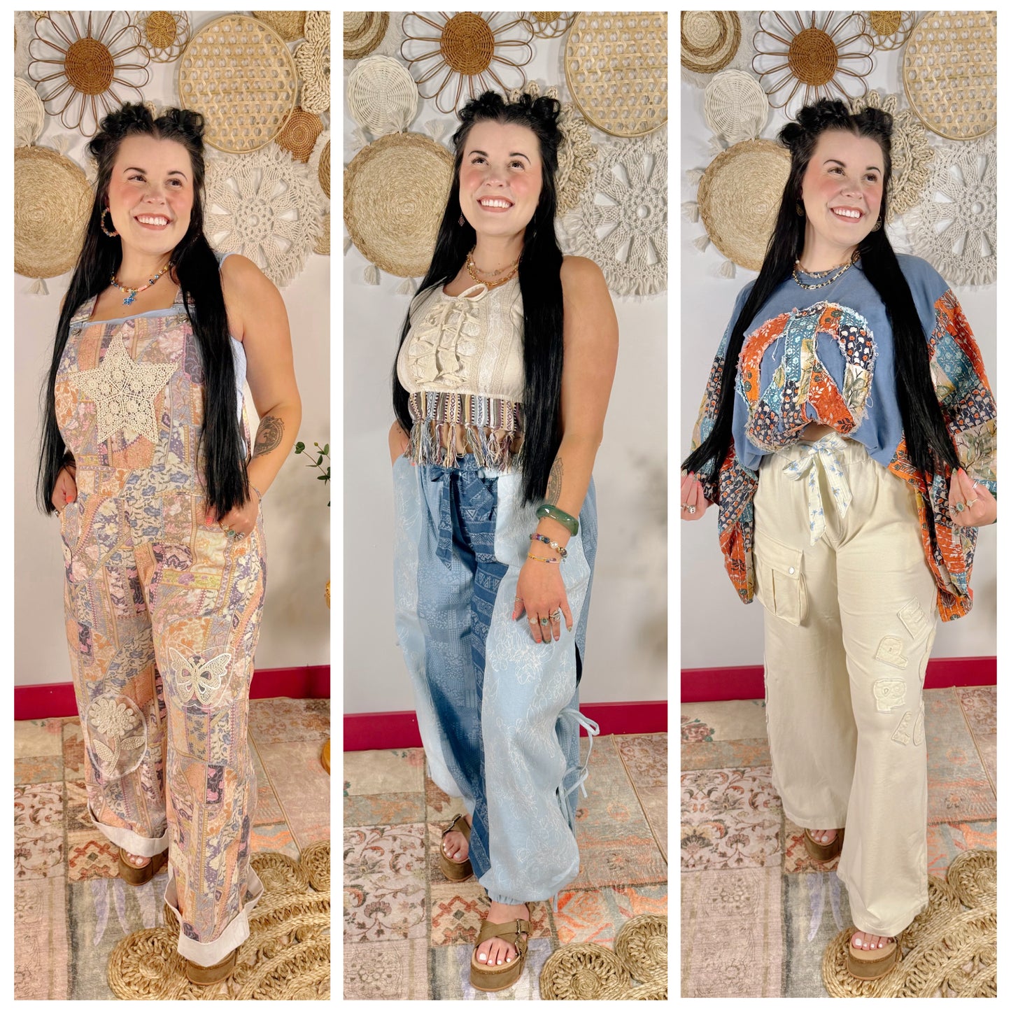 A three-panel collage showing a woman modeling three different bohemian-style outfits in front of a decorative wall with woven sunflowers. The left outfit is a sleeveless jumpsuit with a multicolor floral patchwork print.